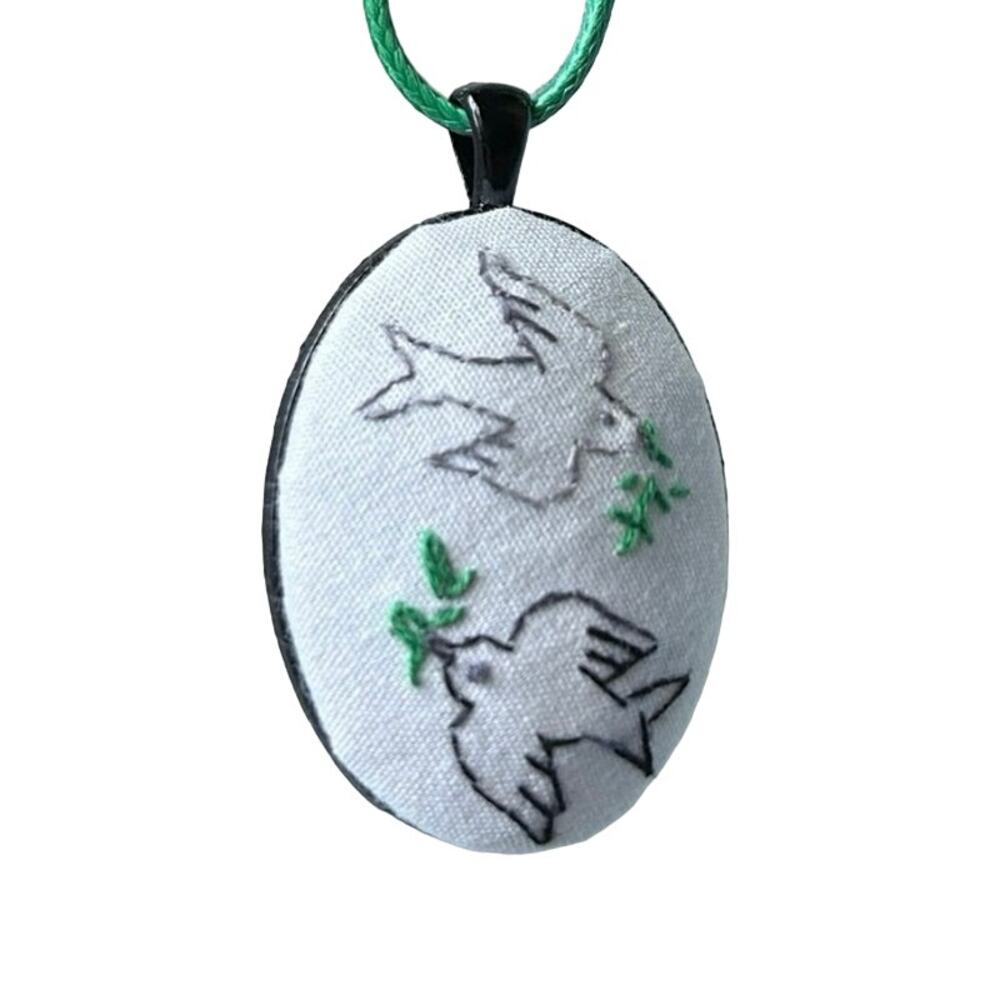 Peace Doves Embroidery Necklace Handmade Pendant